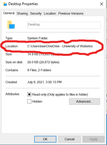properties screen showing location with a reference to Onedrive and not fileu